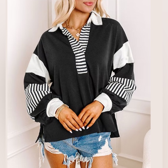 Graceful bloom, boutique - Black Striped Colorblock Patchwork Collar Sweatshirt - Picture 6 of 6